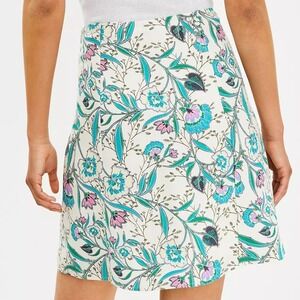NWT Floral Mini Skirt Womens 12 Linen Blend Front Slit White Teal A-Line